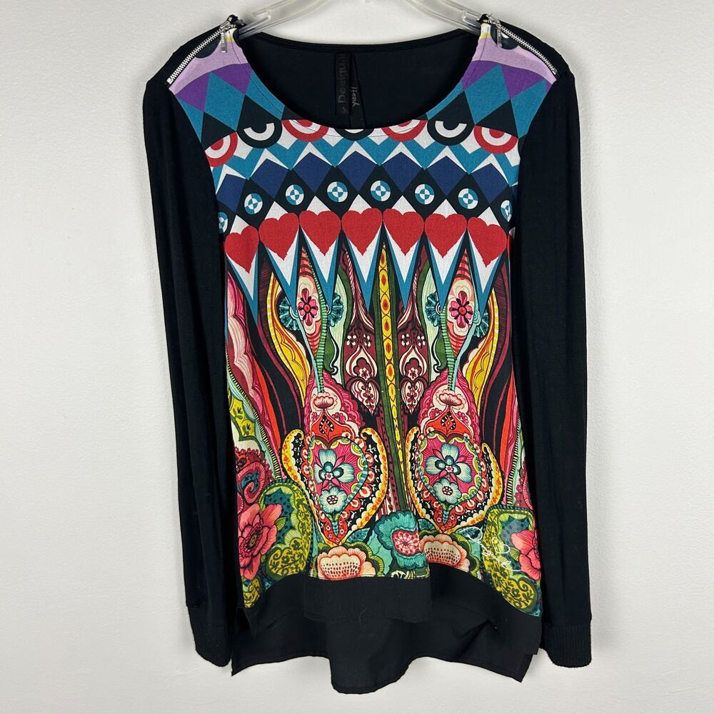 Desigual Patterned Zipper Detail Vibrant Lagenlook Long Sleeve Shirt S